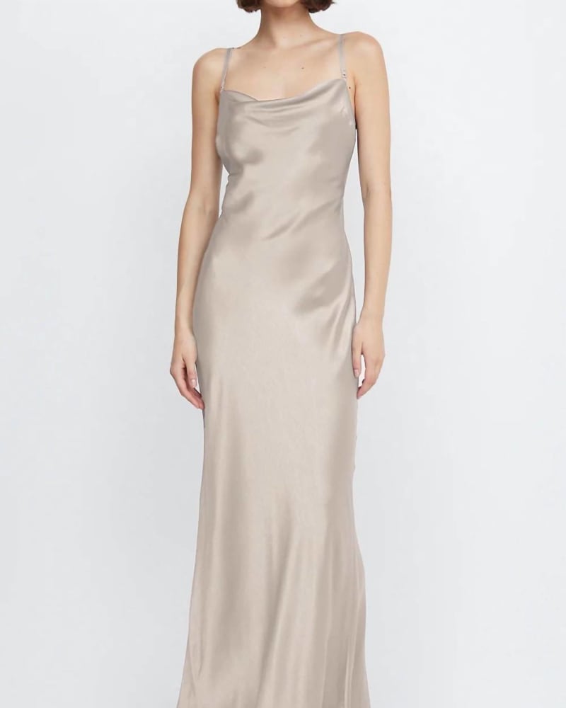 Front of a model wearing a size 10 Malia Maxi Dress In Smoke Taupe in Smoke Taupe by BEC + BRIDGE. | dia_product_style_image_id:346388